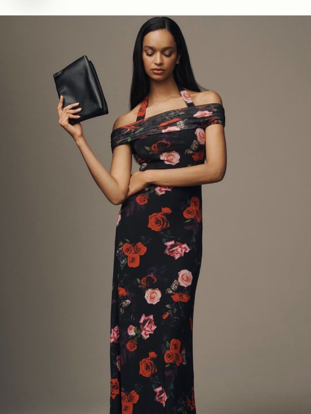AFRM Yvonne Off Shoulder Mesh Rose Floral Maxi Dress Black - Small